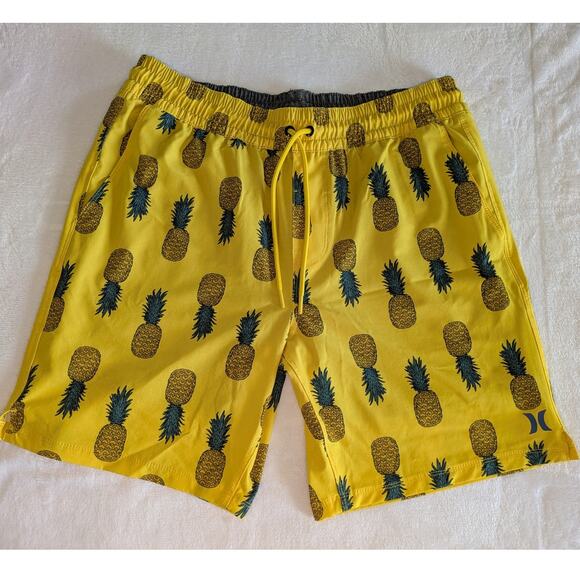 Hurley Swimshorts Mens Size‎ Large Yellow Pineapple Lined Trunks Drawstring - Picture 1 of 7